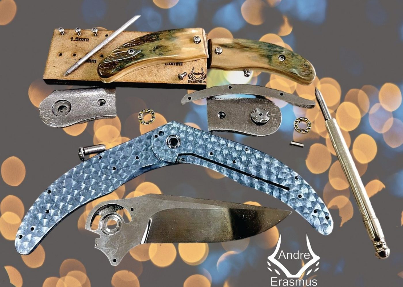 Exploded parts view of a liner-lock folding knife, showing liners, bearings, pivot and scales